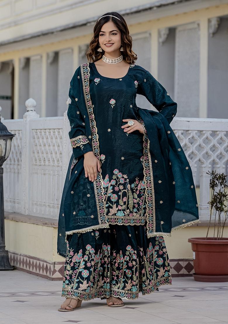 Green Embroidery Gold Crush Palazzo Set - Indya