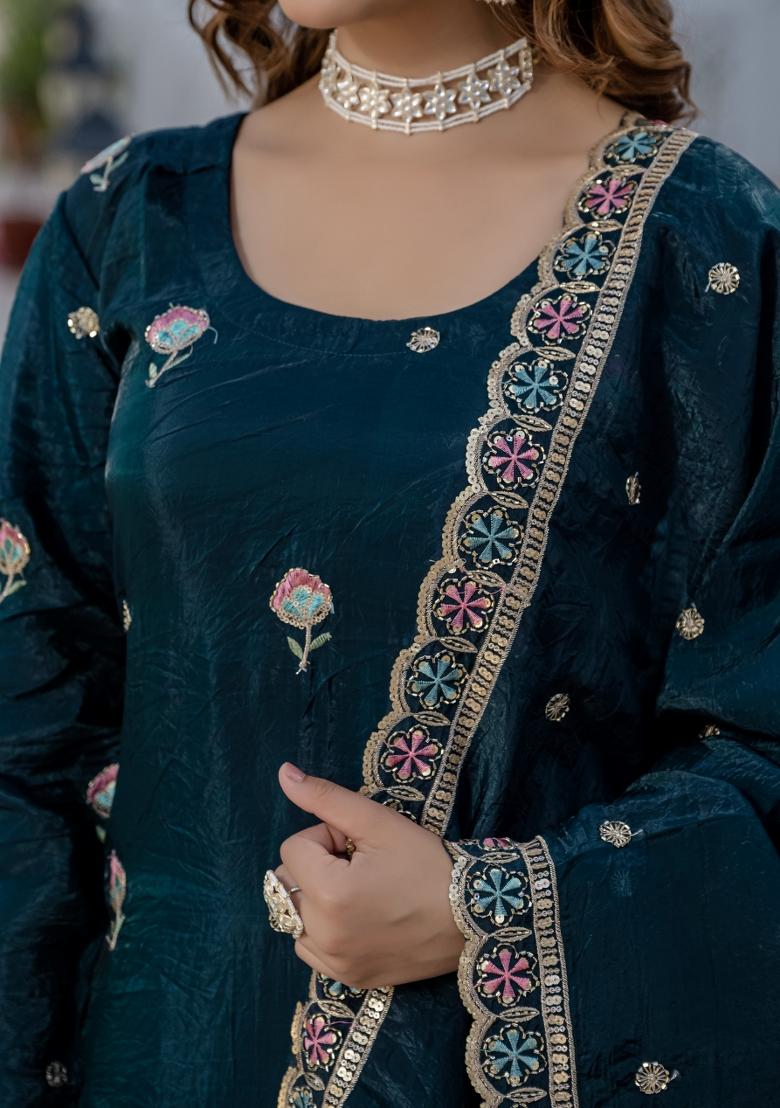Green Embroidery Gold Crush Palazzo Set - Indya