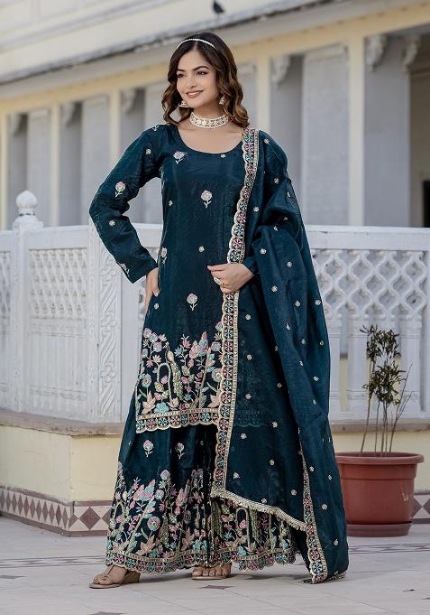 Green Embroidery Gold Crush Palazzo Set