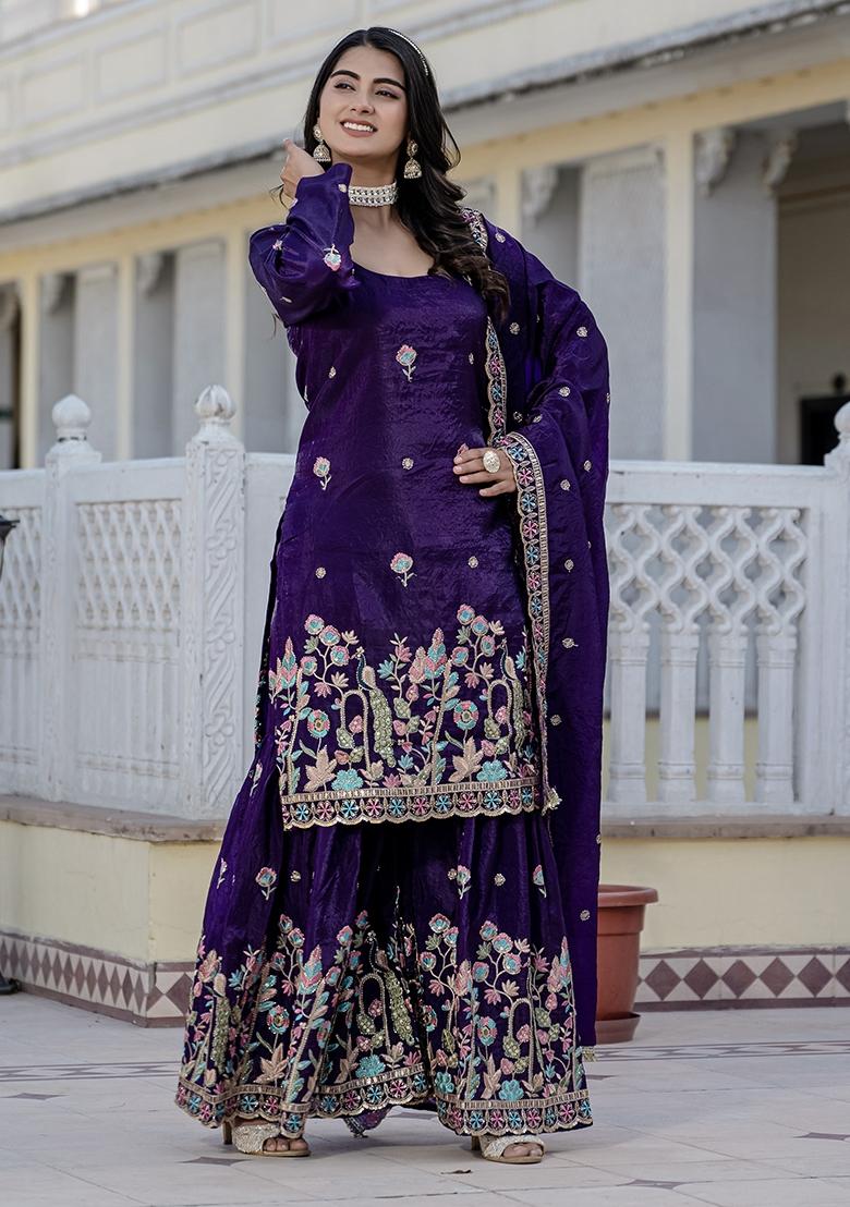 Purple Embroidery Gold Crush Palazzo Set - Indya