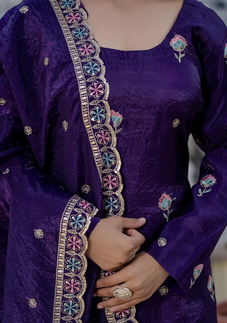 Purple Embroidery Gold Crush Palazzo Set - Indya