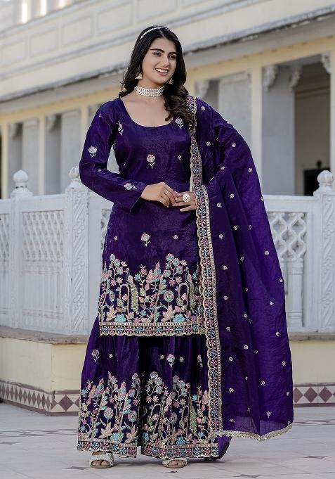 Purple Embroidery Gold Crush Palazzo Set