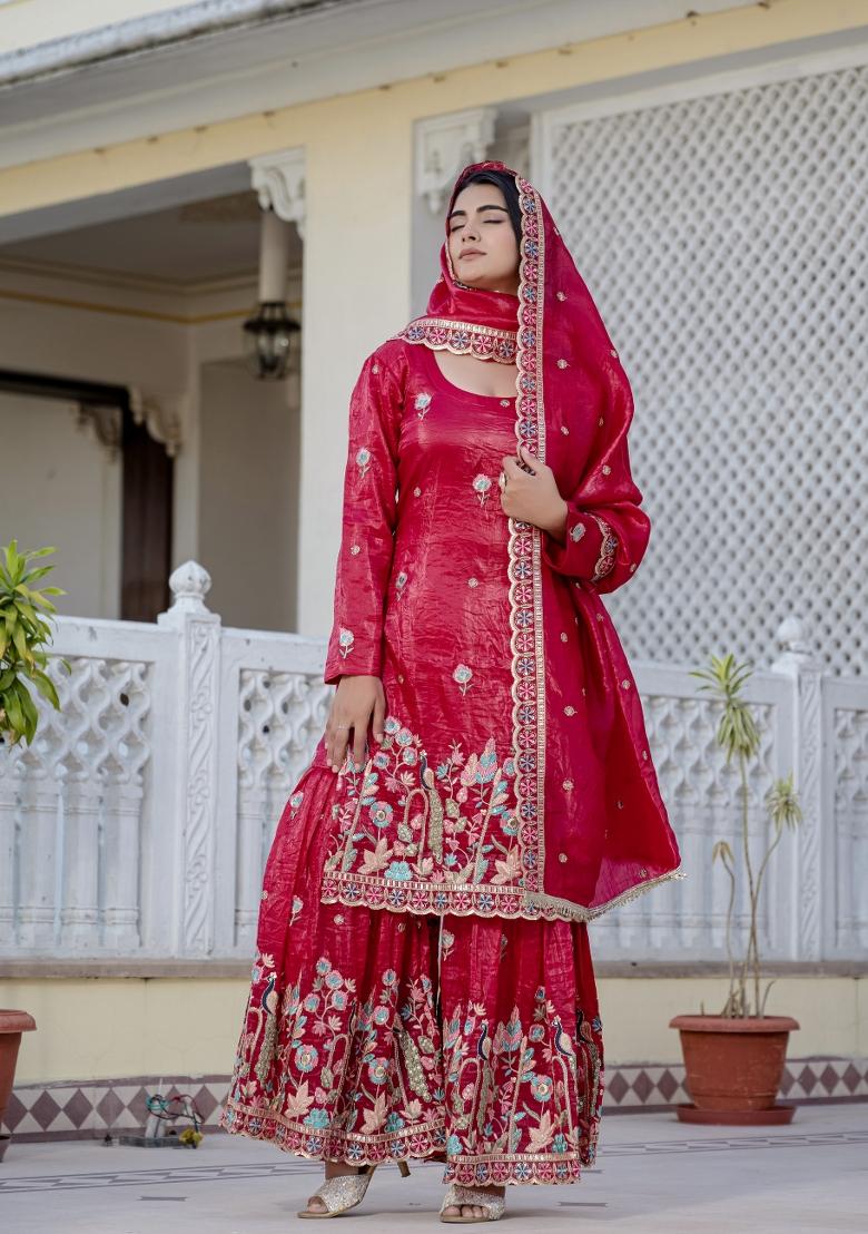 Red Embroidery Gold Crush Palazzo Set - Indya