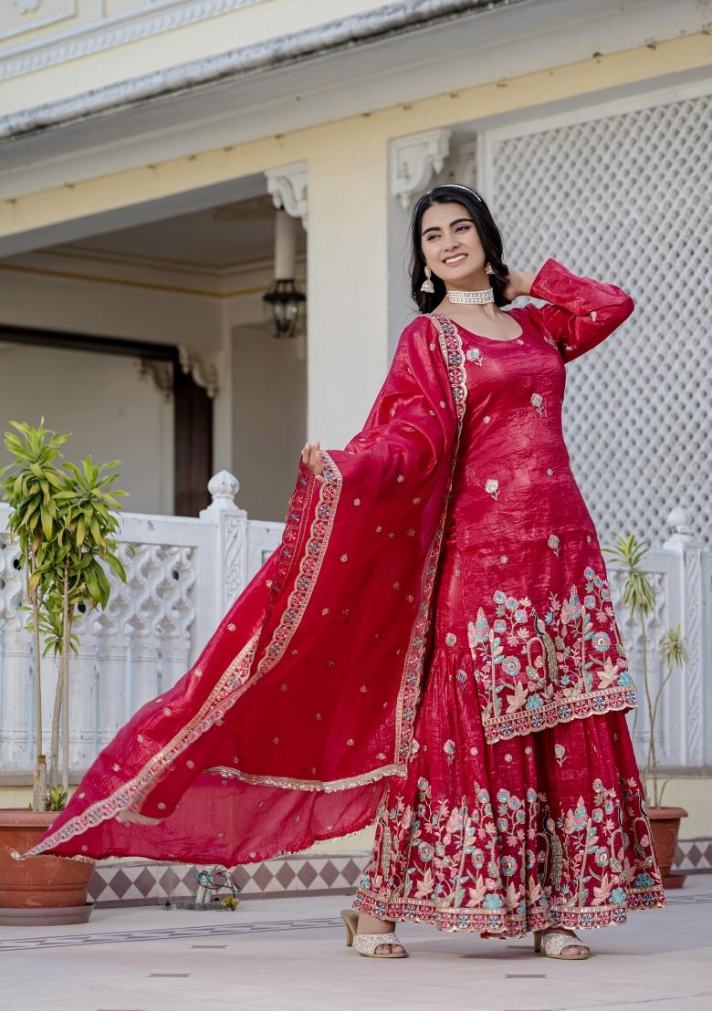 Red Embroidery Gold Crush Palazzo Set - Indya