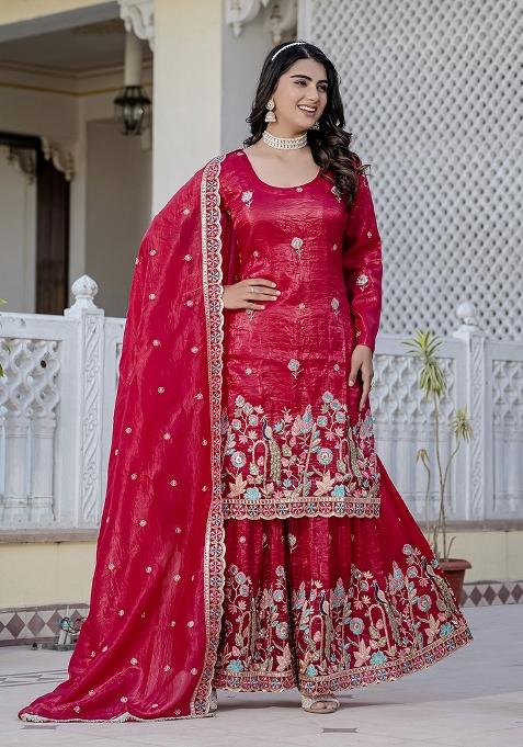 Red Embroidery Gold Crush Palazzo Set