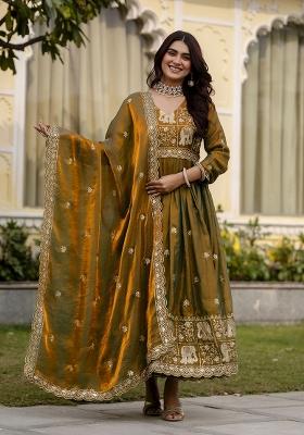 Multicolor Satin Gown With Dupatta