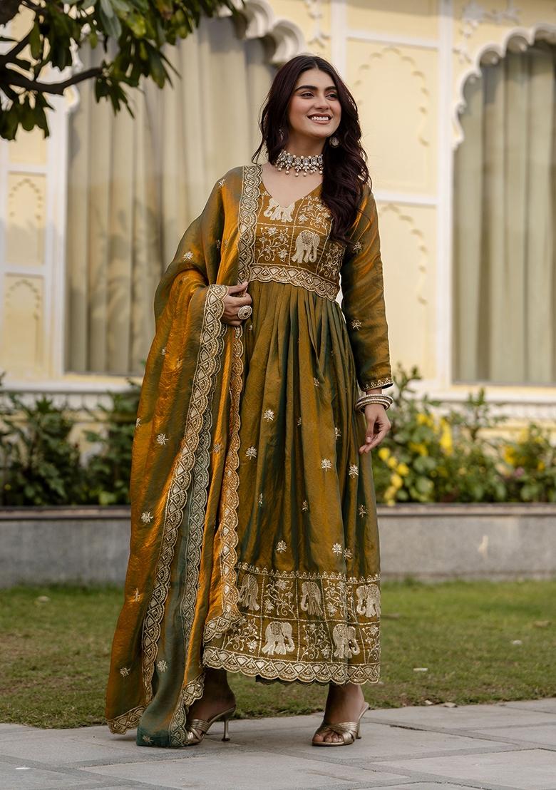 Multicolor Satin Gown With Dupatta - Indya