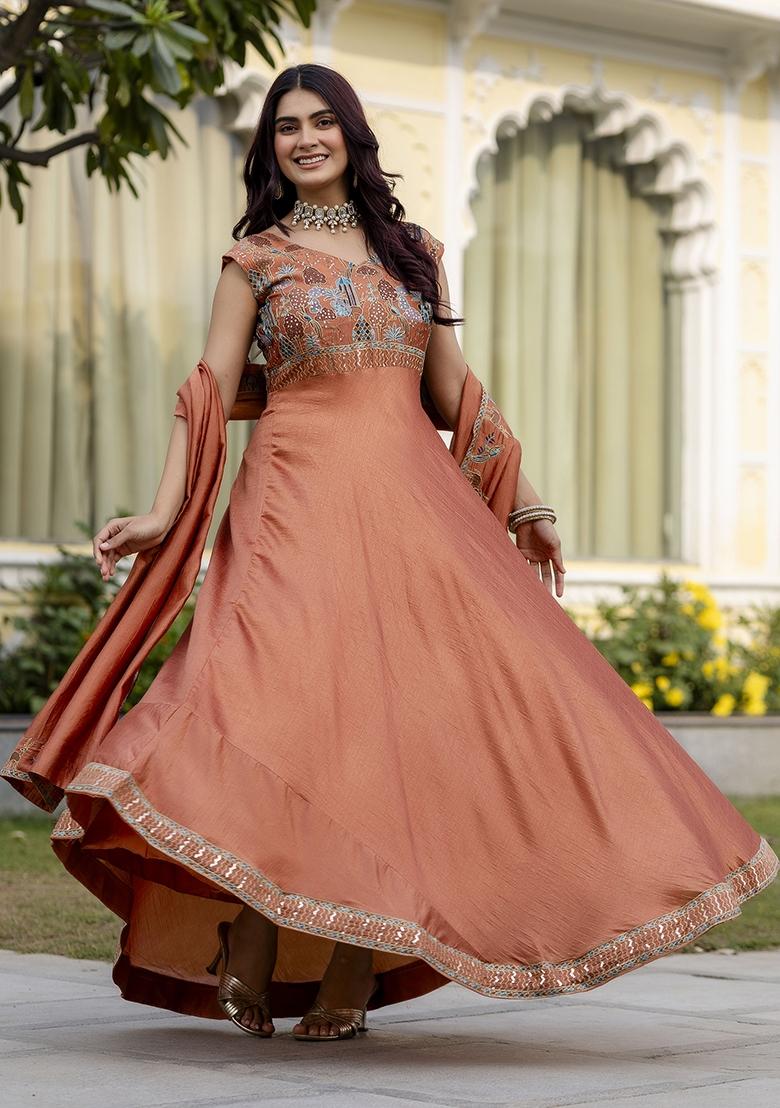 Pink Silk Gown With Dupatta - Indya