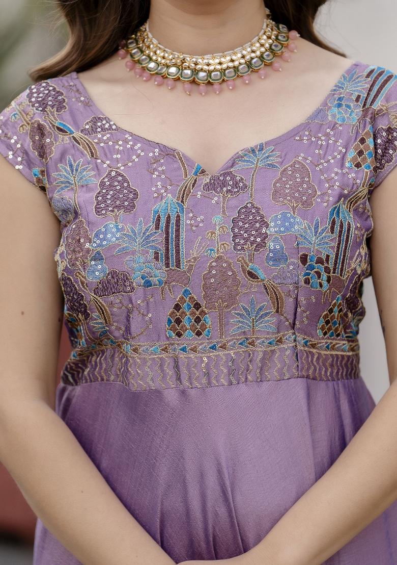 Purple Silk Gown With Dupatta - Indya