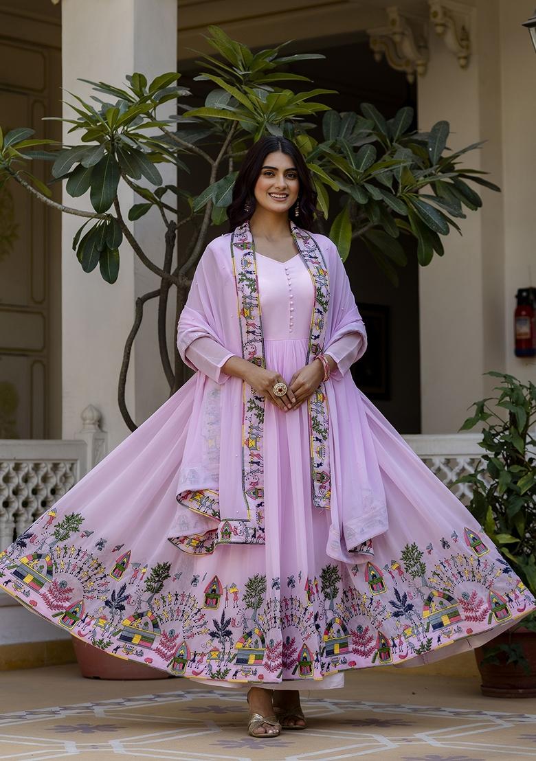 Pink Georgette Gown With Dupatta - Indya