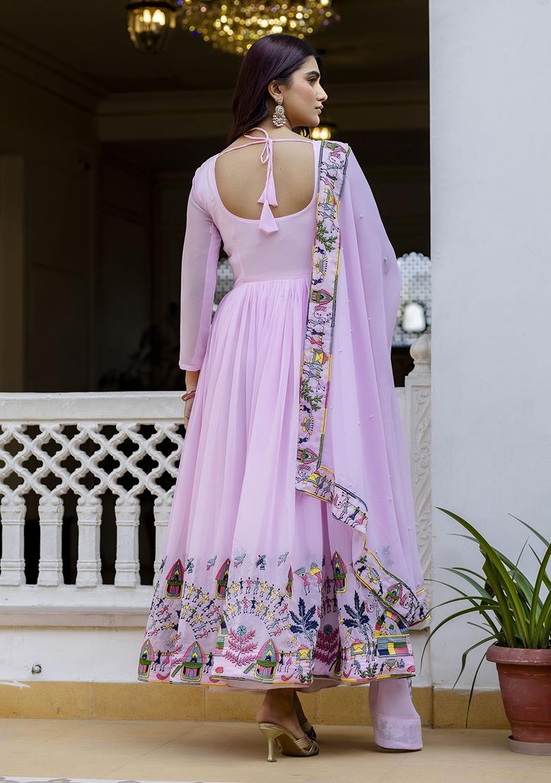 Pink Georgette Gown With Dupatta - Indya