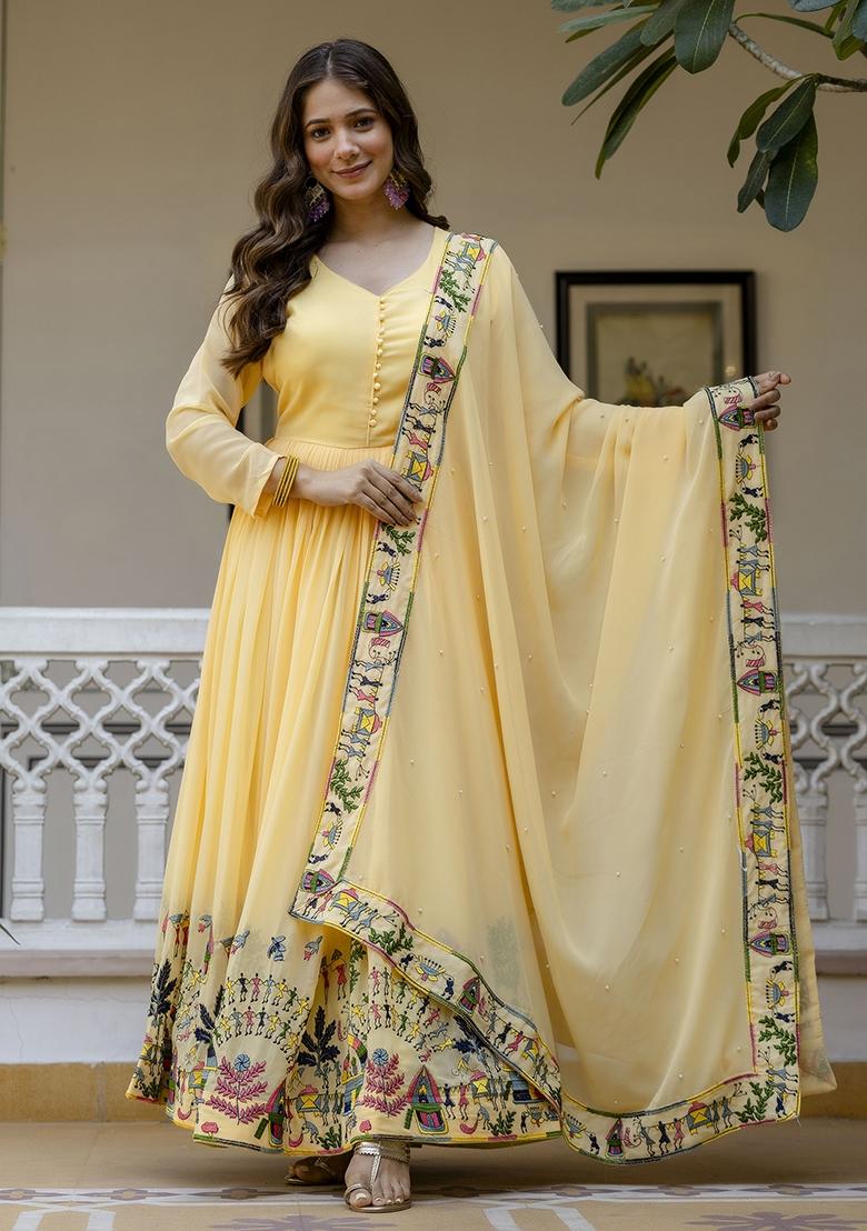 Yellow Georgette Gown With Dupatta - Indya