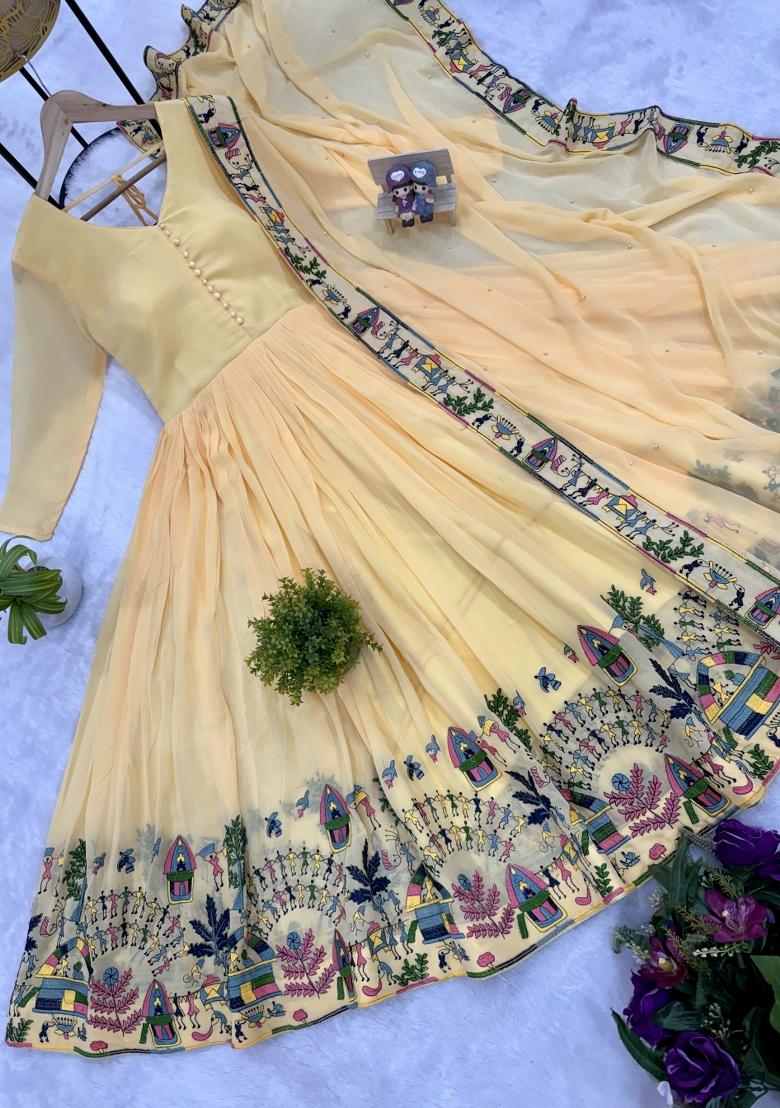 Yellow Georgette Gown With Dupatta - Indya