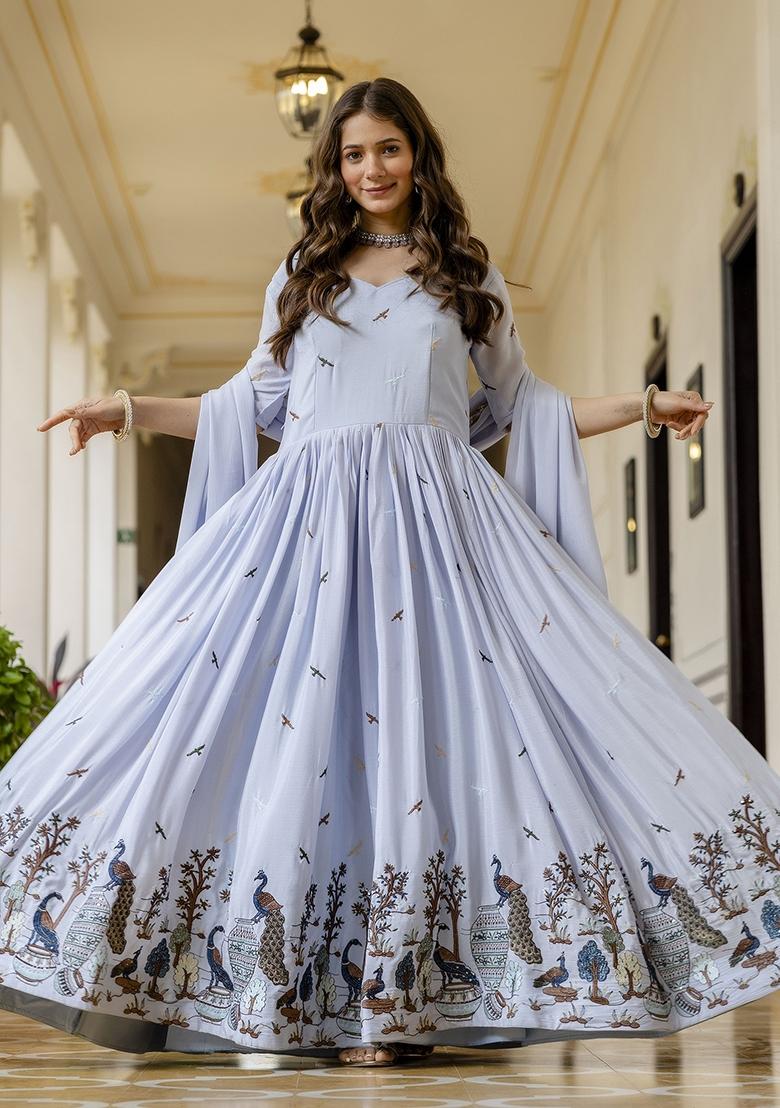 Blue Chinon Gown With Dupatta - Indya