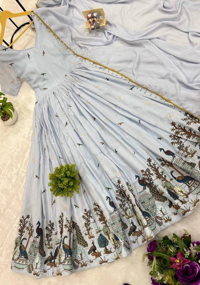 Blue Chinon Gown With Dupatta - Indya