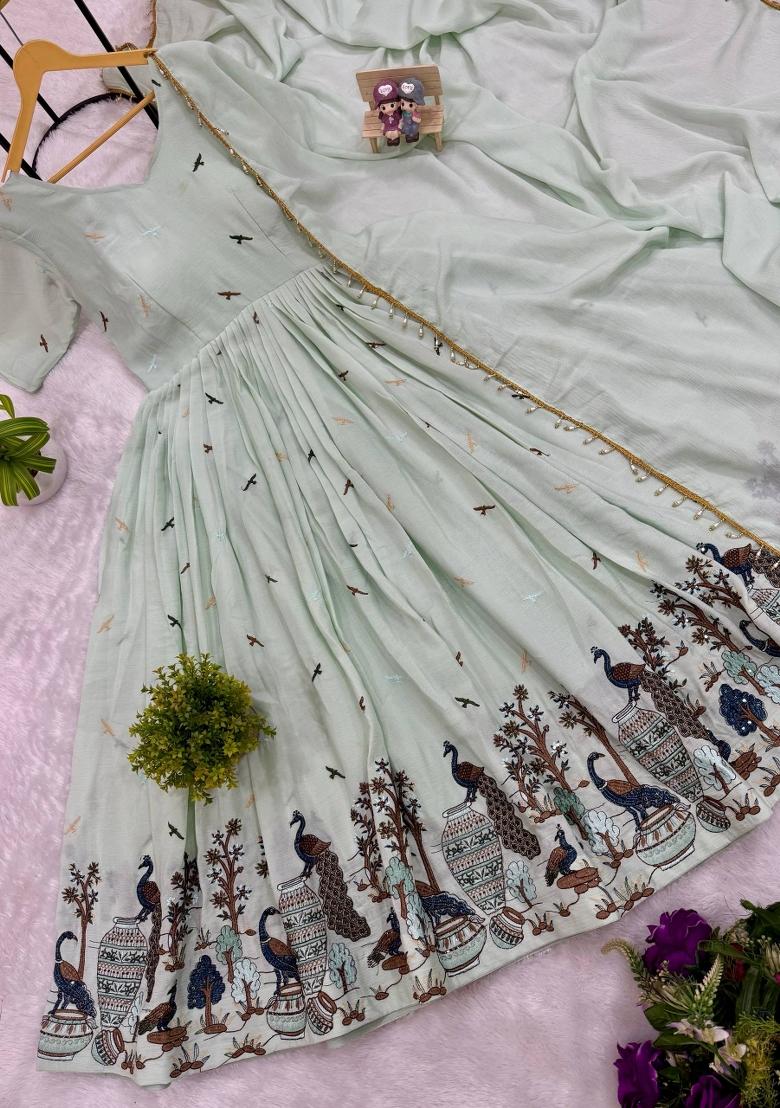 Pista Chinon Gown With Dupatta - Indya
