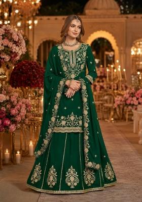 Dark Green Embroidery Silk Kurta Set