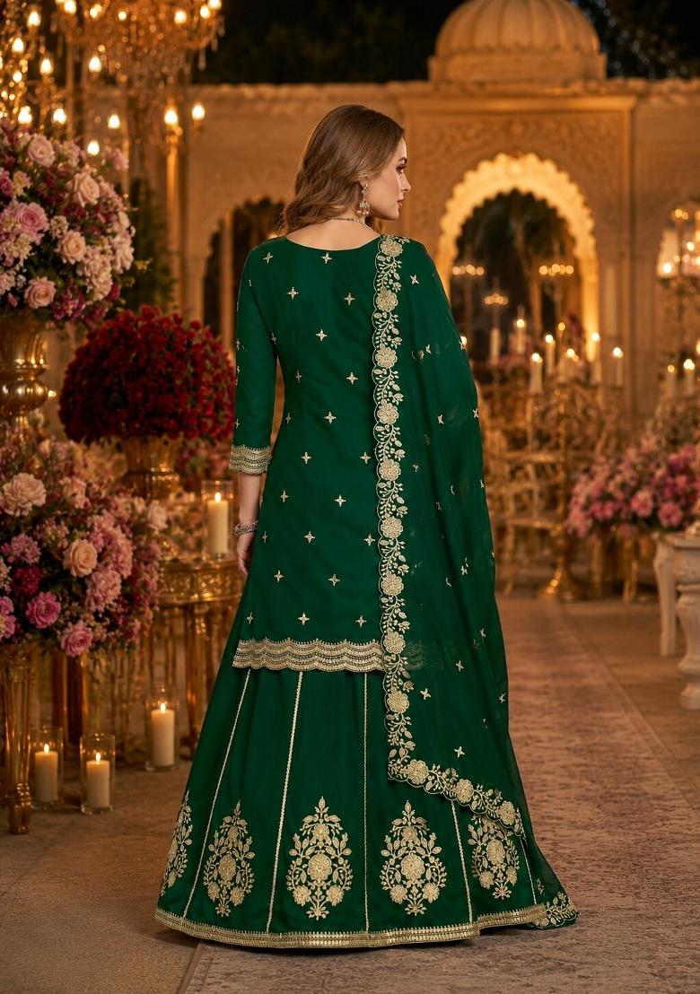Dark Green Embroidery Silk Kurta Set - Indya