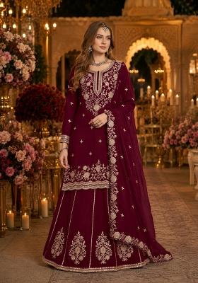Maroon Embroidery Silk Kurta Set