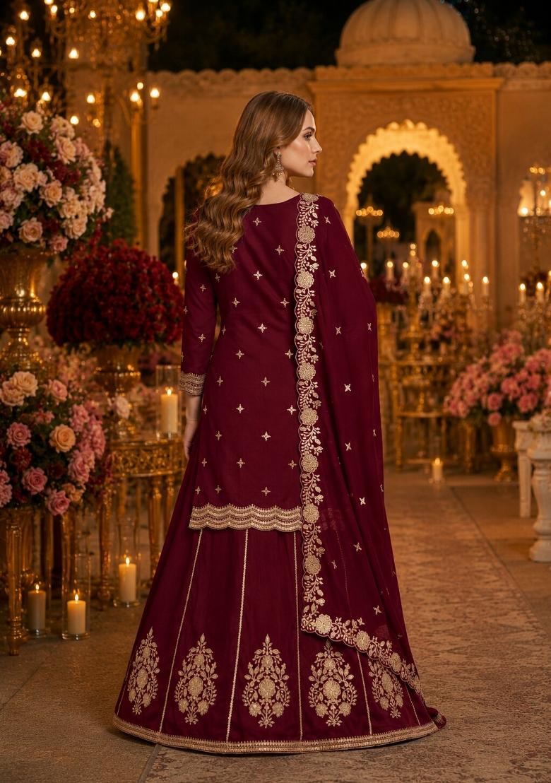 Maroon Embroidery Silk Kurta Set - Indya
