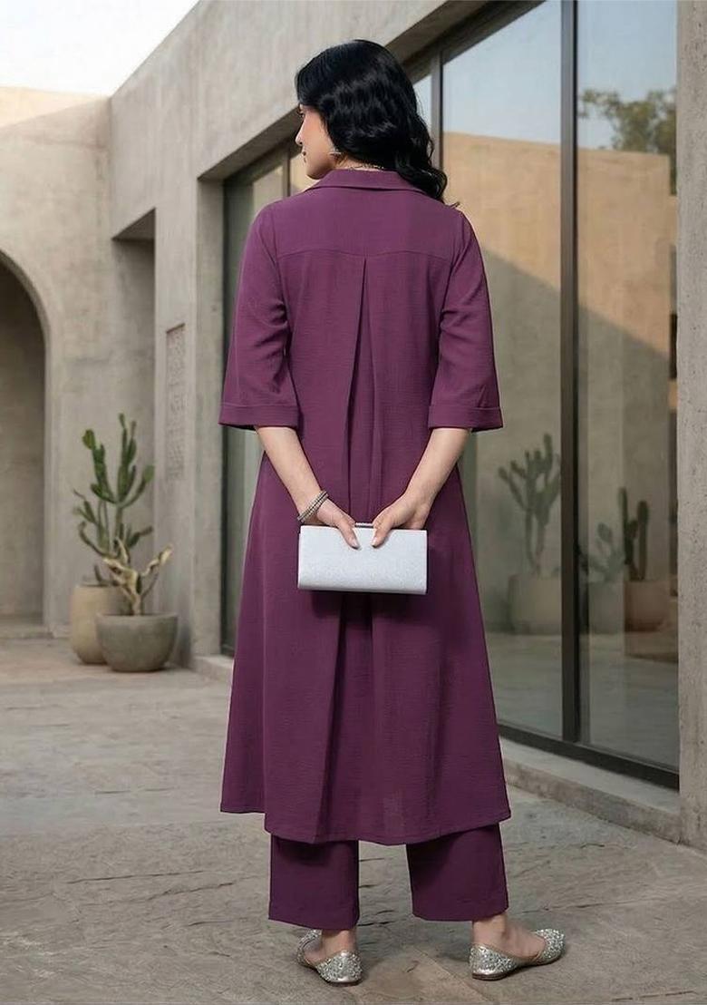Mauve Solid Rayon Kurta Set - Indya