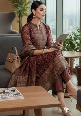 Maroon Floral Print Silk Kurta Set