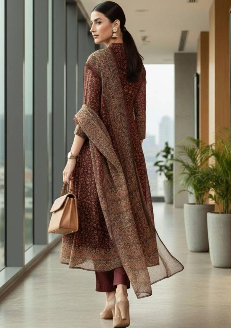 Maroon Floral Print Silk Kurta Set - Indya