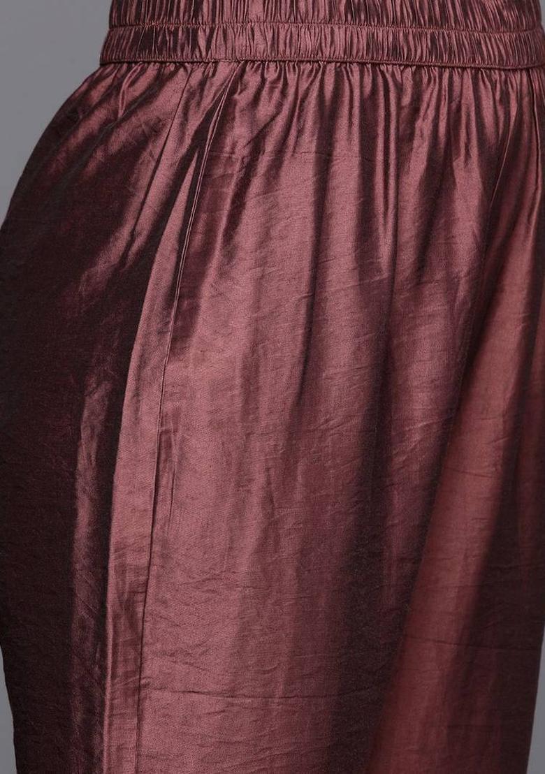 Maroon Floral Print Silk Kurta Set - Indya