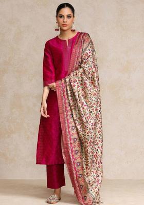 Pink Floral Print Silk Kurta Set