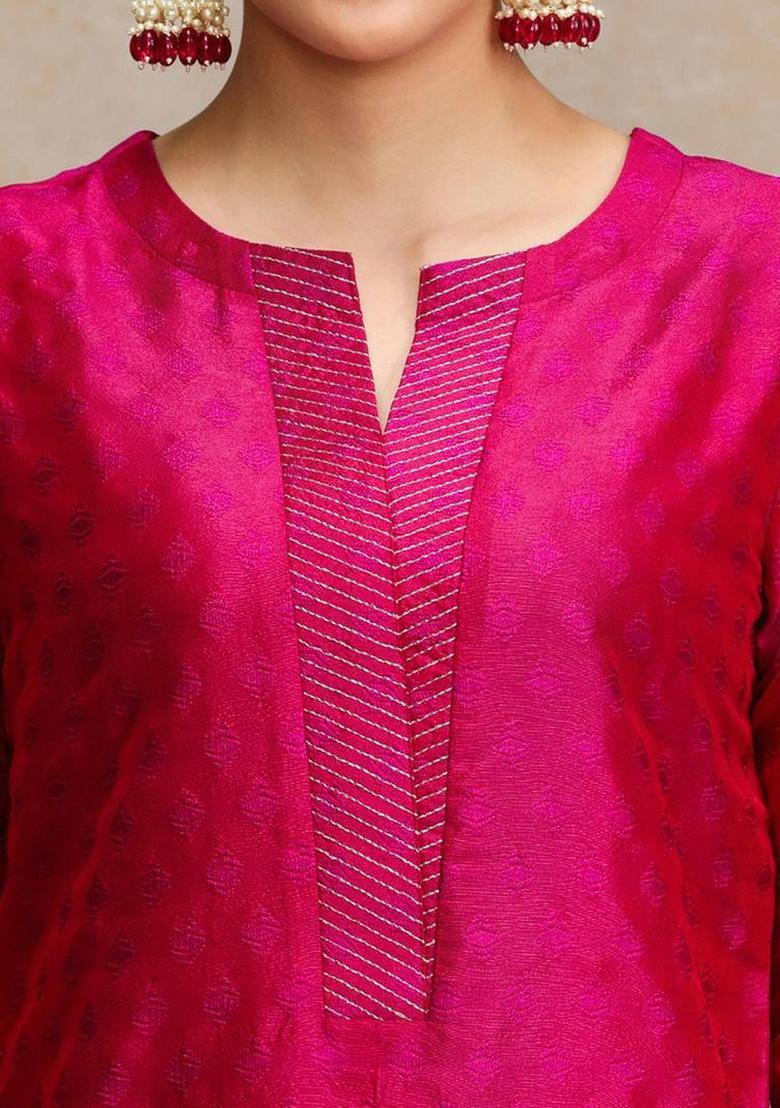Pink Floral Print Silk Kurta Set - Indya
