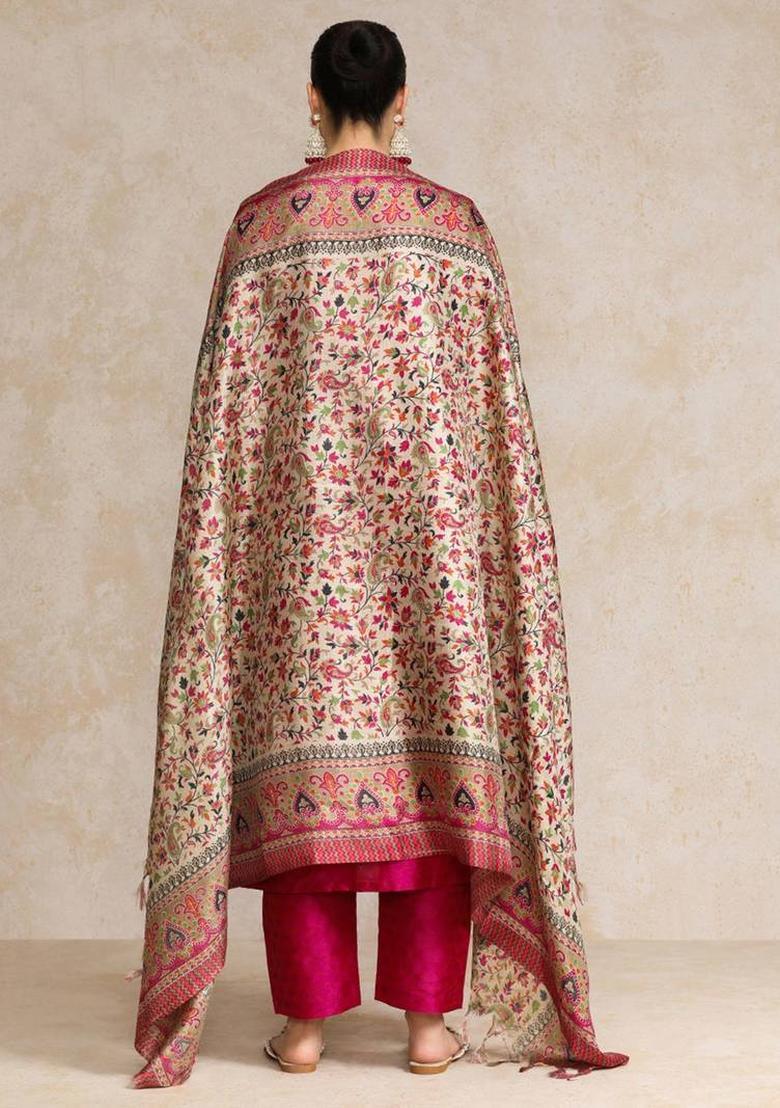 Pink Floral Print Silk Kurta Set - Indya