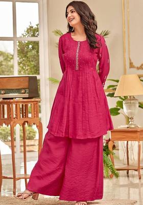 Pink Embroidery Chanderi Kurta Set