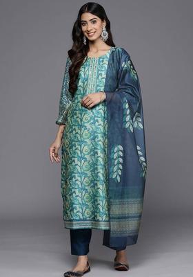 Sea Green Floral Print Silk Kurta Set