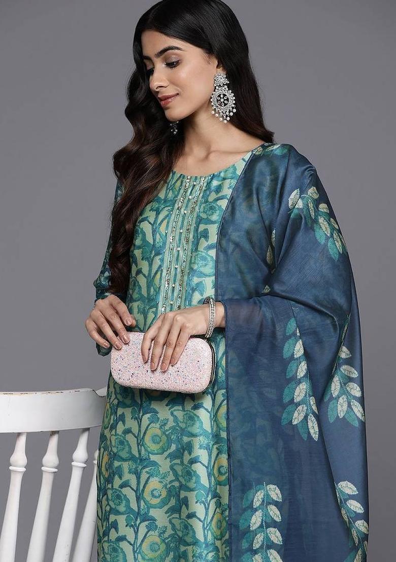Sea Green Floral Print Silk Kurta Set - Indya