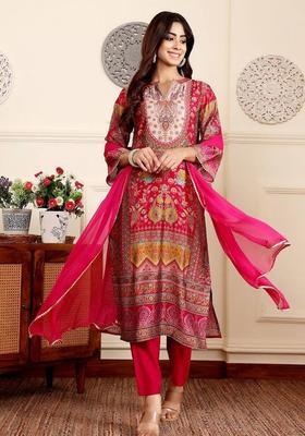 Fuchsia Floral Print Silk Kurta Set