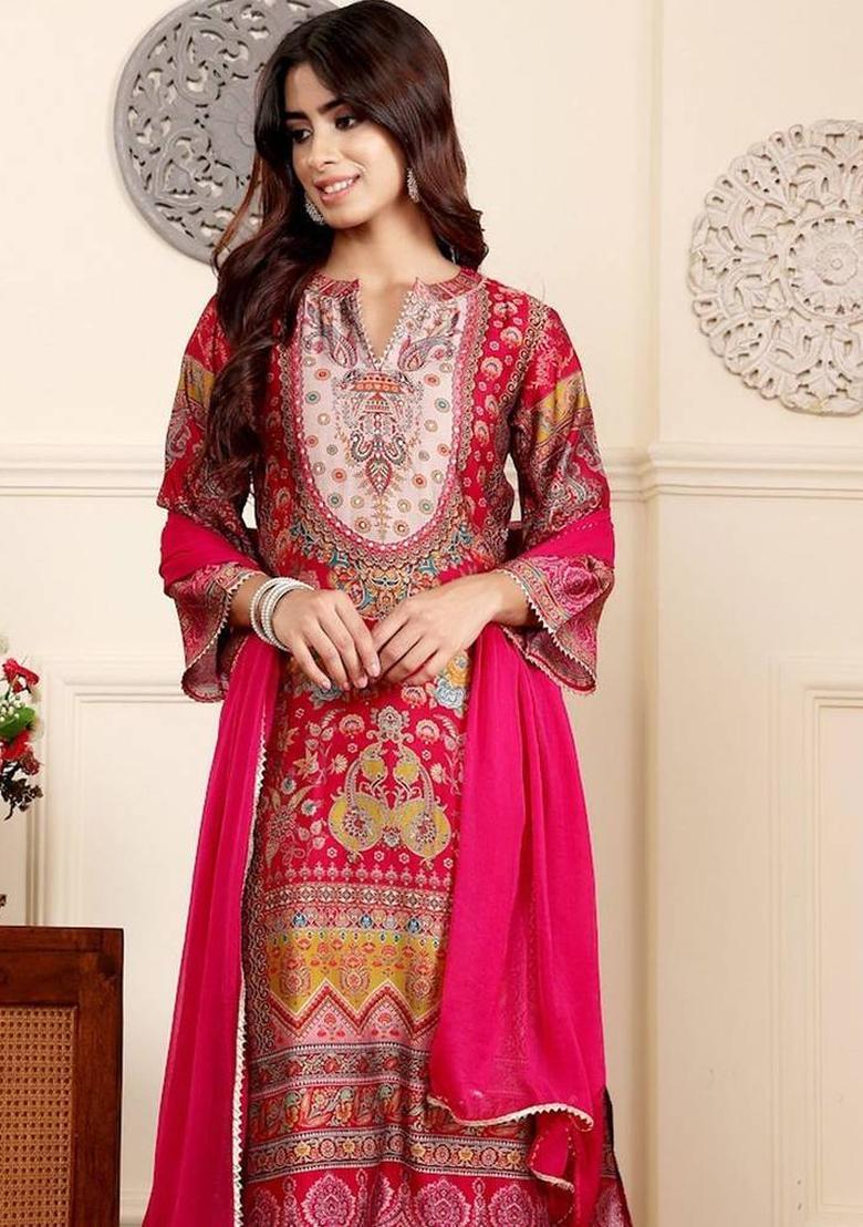 Fuchsia Floral Print Silk Kurta Set - Indya