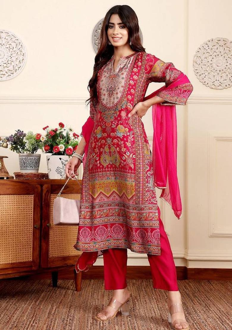 Fuchsia Floral Print Silk Kurta Set - Indya