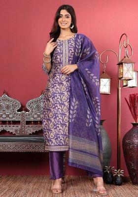 Purple Floral Print Silk Kurta Set