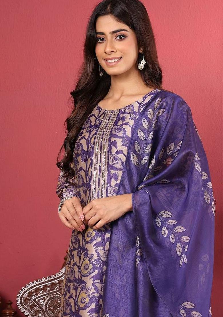 Purple Floral Print Silk Kurta Set - Indya