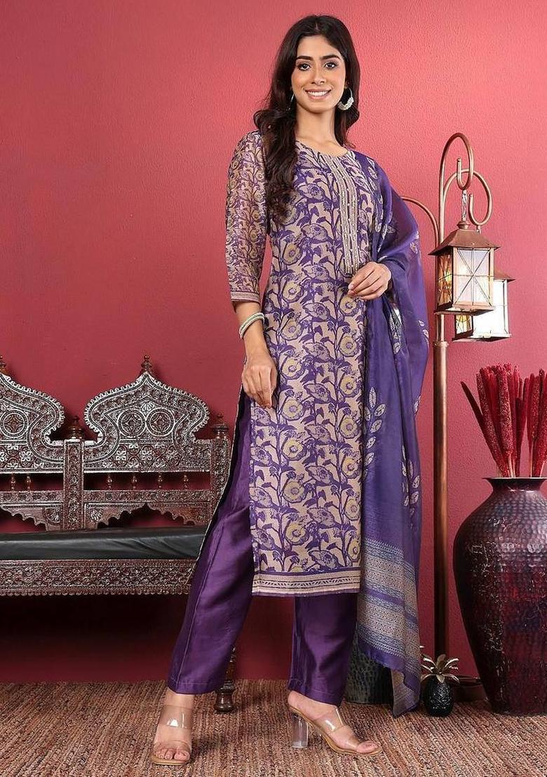 Purple Floral Print Silk Kurta Set - Indya
