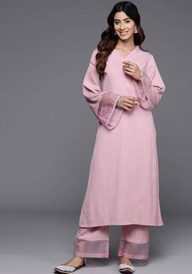 Pink Solid Silk Kurta Set