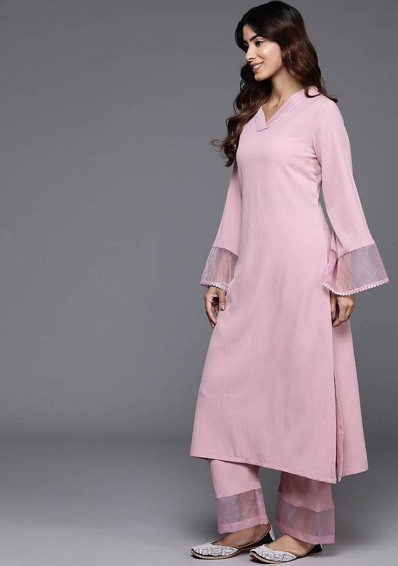 Pink Solid Silk Kurta Set - Indya