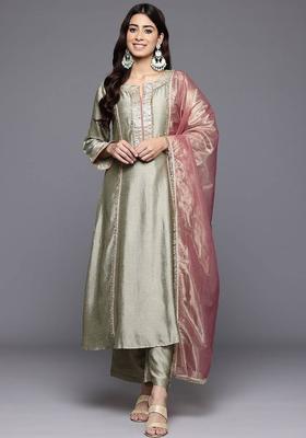 Green Embroidery Silk Kurta Set