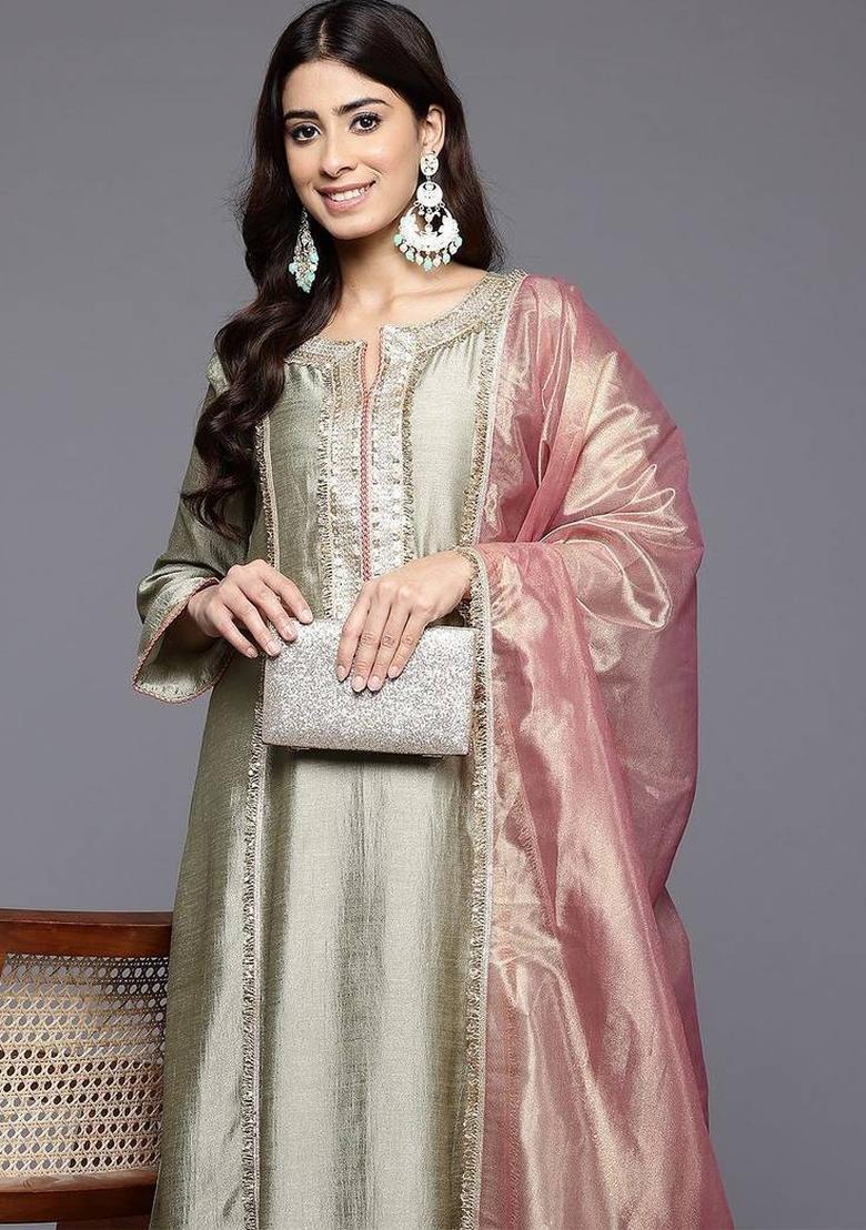 Green Embroidery Silk Kurta Set - Indya