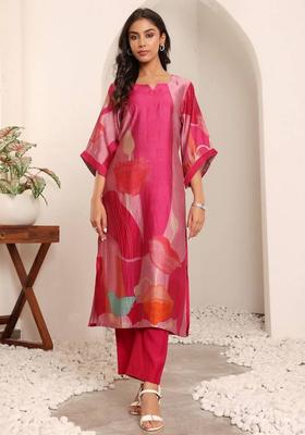 Fuchsia Floral Print Silk Kurta Set