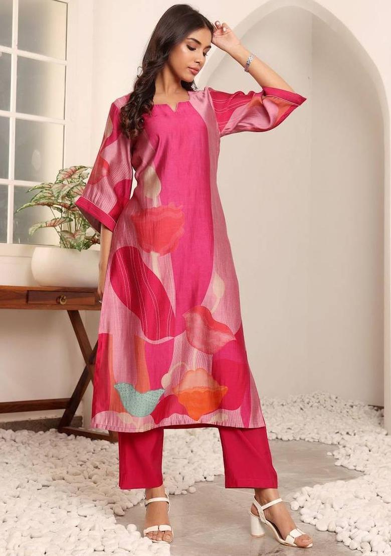 Fuchsia Floral Print Silk Kurta Set - Indya