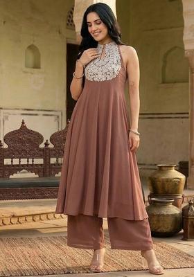 Camel Brown Embroidery Georgette Kurta Set