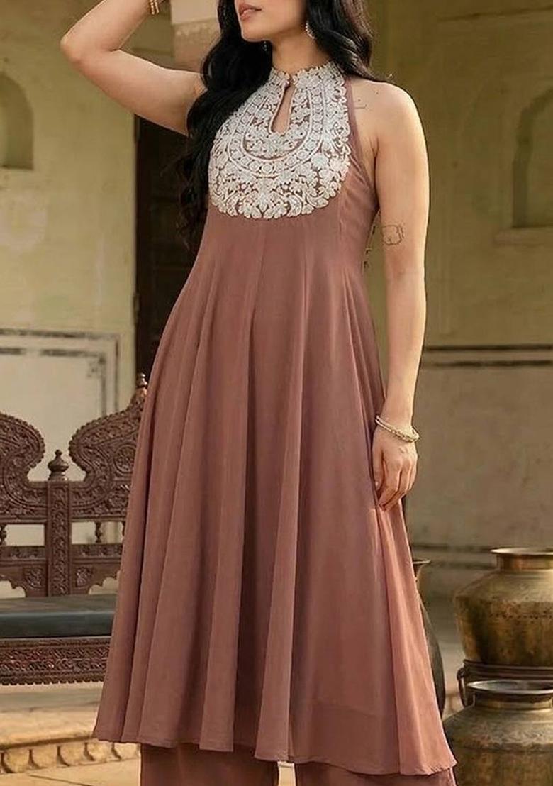 Camel Brown Embroidery Georgette Kurta Set - Indya