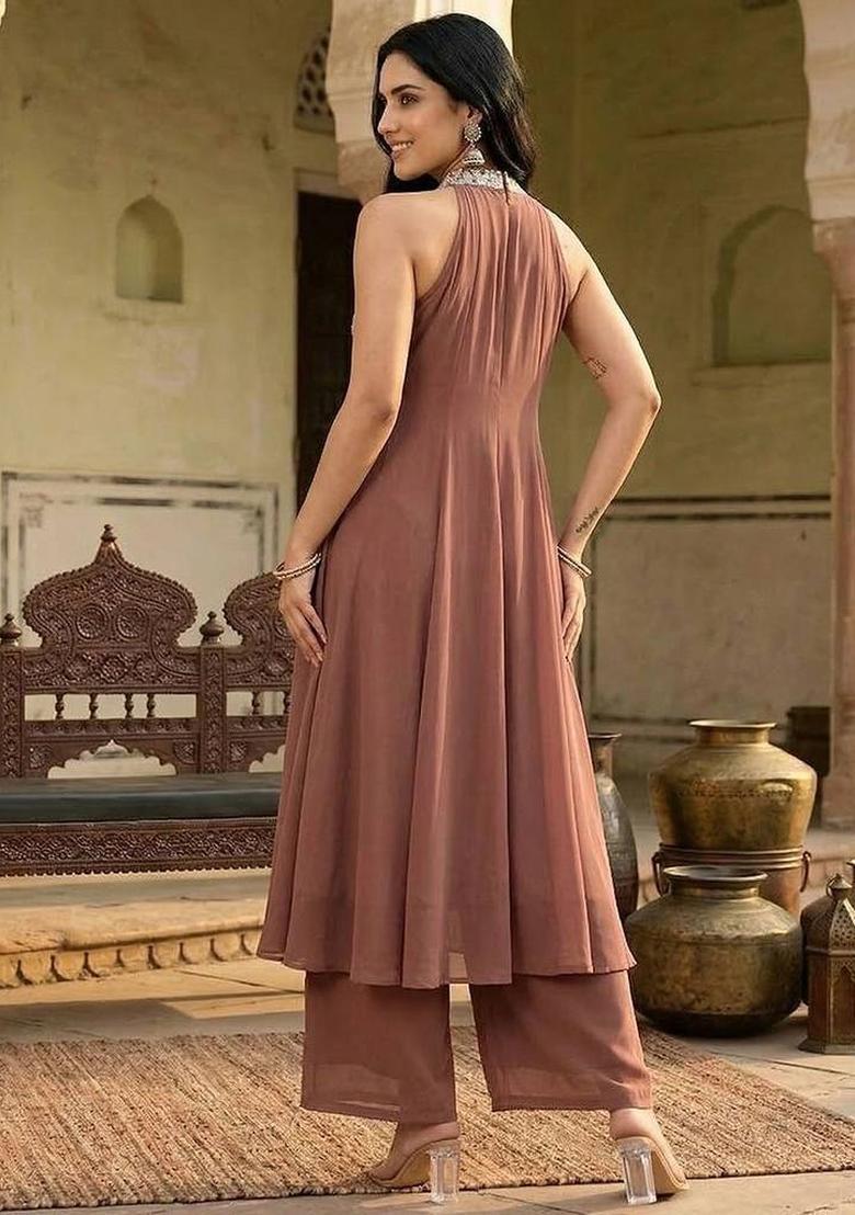 Camel Brown Embroidery Georgette Kurta Set - Indya