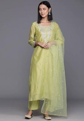 Green Embroidery Silk Kurta Set